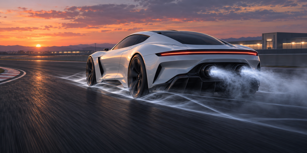AI-generated editorial illustration of a white electric sports car at sunset with conceptual rear thrusters